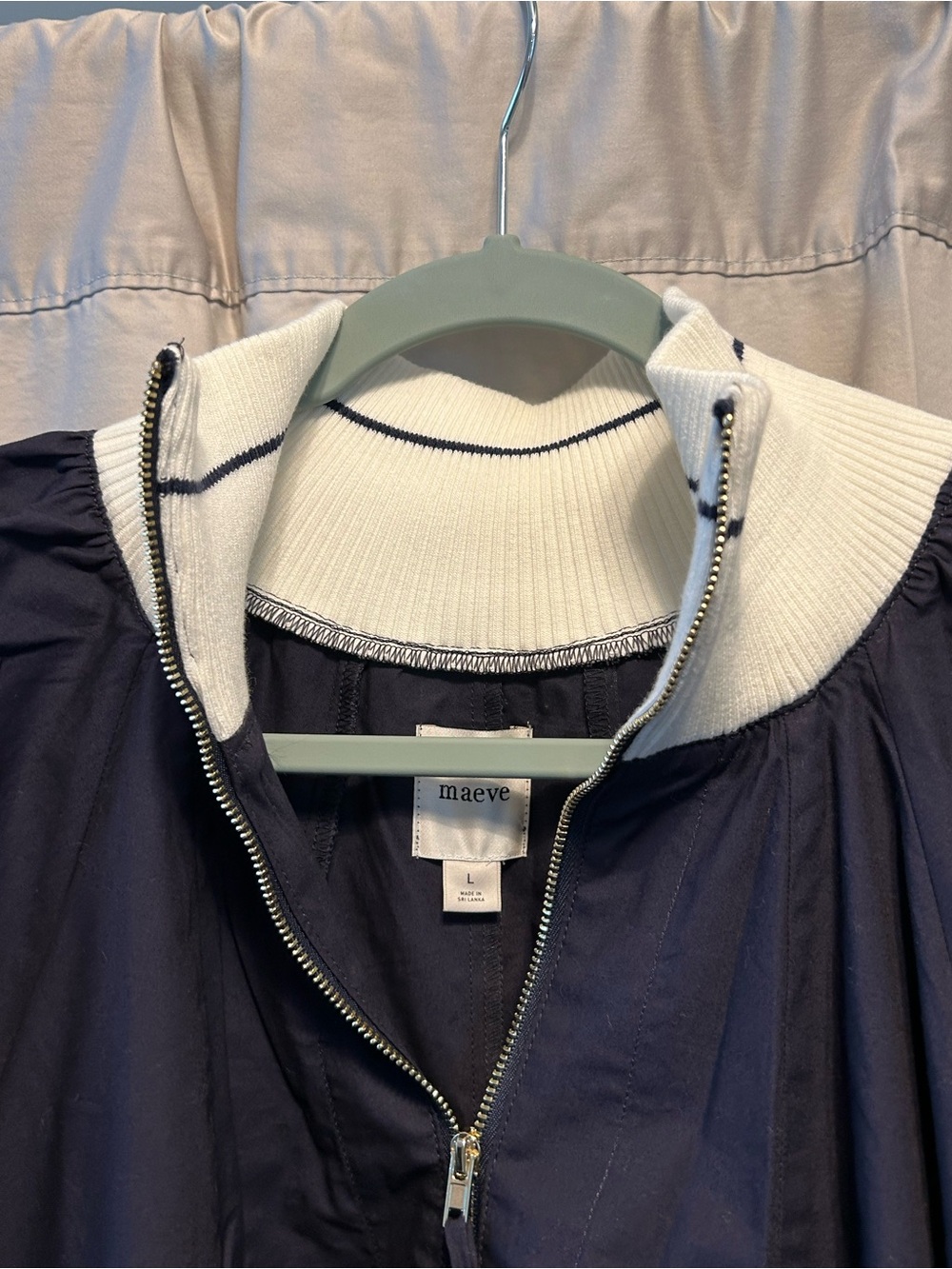 Maeve Navy Pullover with Cream Trim and Gold Zipper - Picture 4 of 5